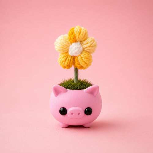 Pink Pig Crochet Flower Pot - vista frontal