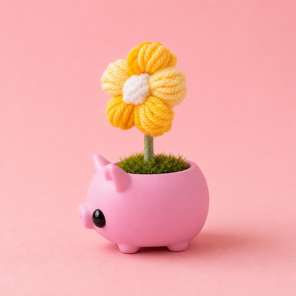 Pink Pig Crochet Flower Pot - vista lateral
