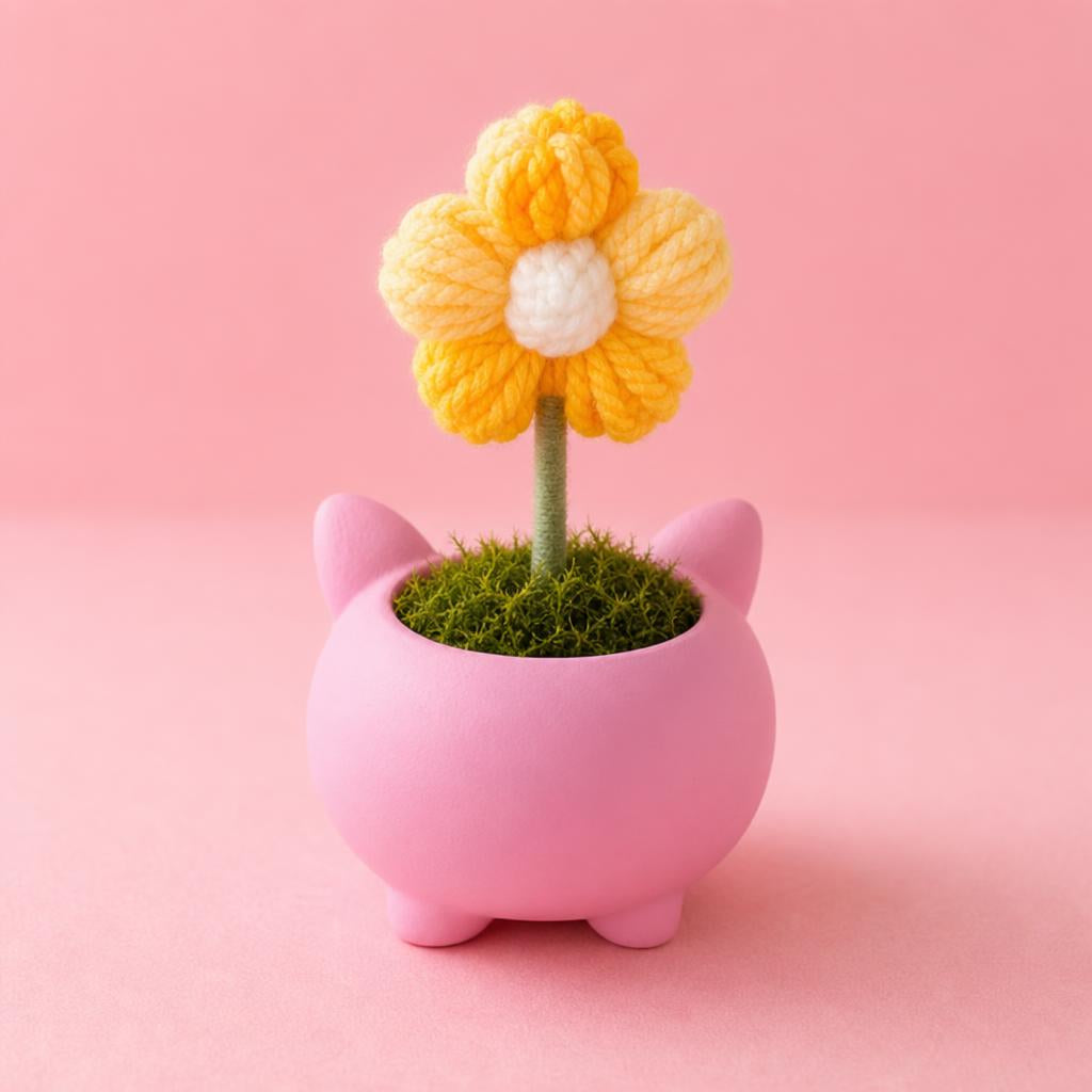 Pink Pig Crochet Flower Pot - vista trasera